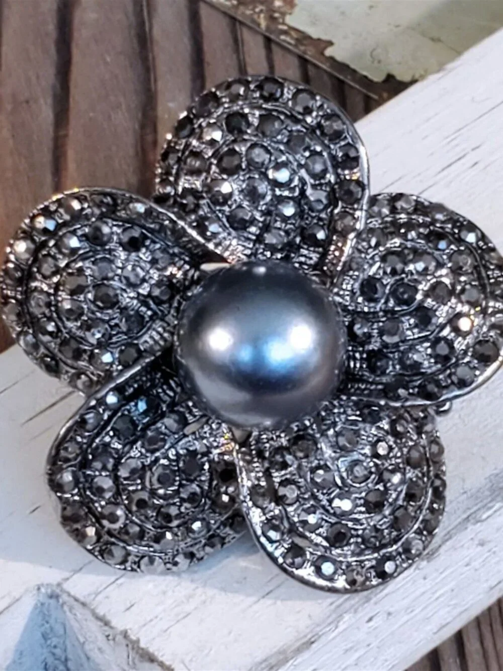 Bold Statement Gunmetal Black Gray Crystal Flower Adjustable Cocktail Ring